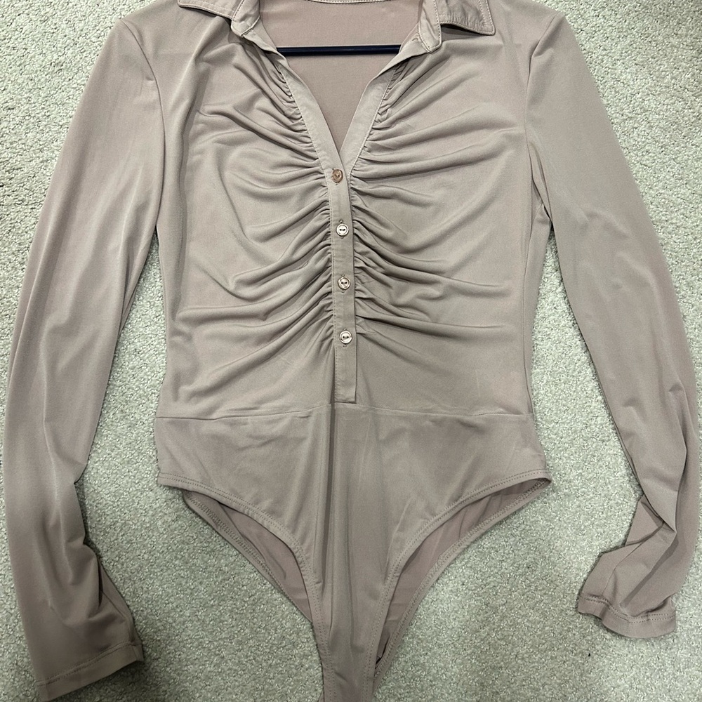 Timing Ruched Long-Sleeve One-Piece Bodysuit in Taupe